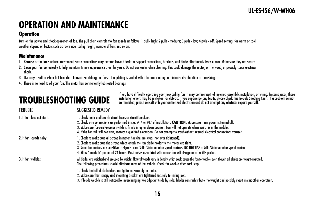 Westinghouse owner manual Operation And Maintenance, UL-ES-I56/W-WH06 